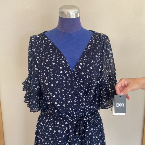 DKNY Womens Printed Ruffle-Sleeve Tie Waist Dress - Size 16 NWT - Picture 3 of 11